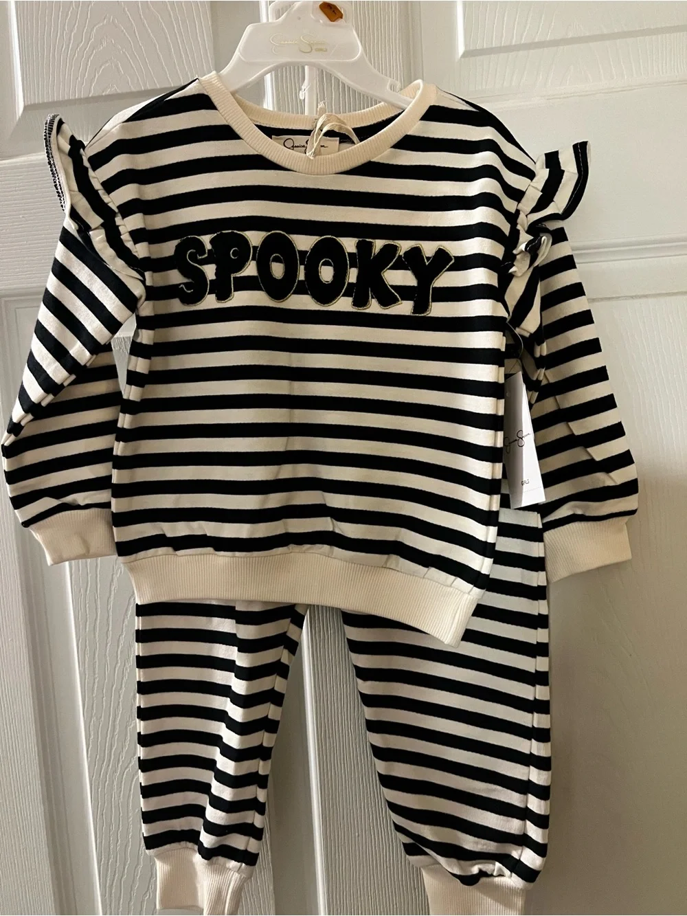 Jessica Simpson girls Spooky ruffle stripe Black & Cream 2 piece set. Halloween